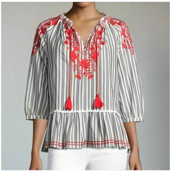 Kate Spade Embroidered Cotton Peasant Top Womens Medium VNeck Stripe White Red - Picture 1 of 8